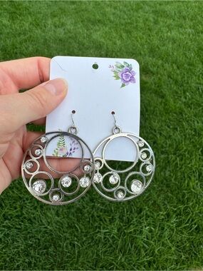 $12 or 3/$30! Circular Silver Drop Earrings with Crystal Accents